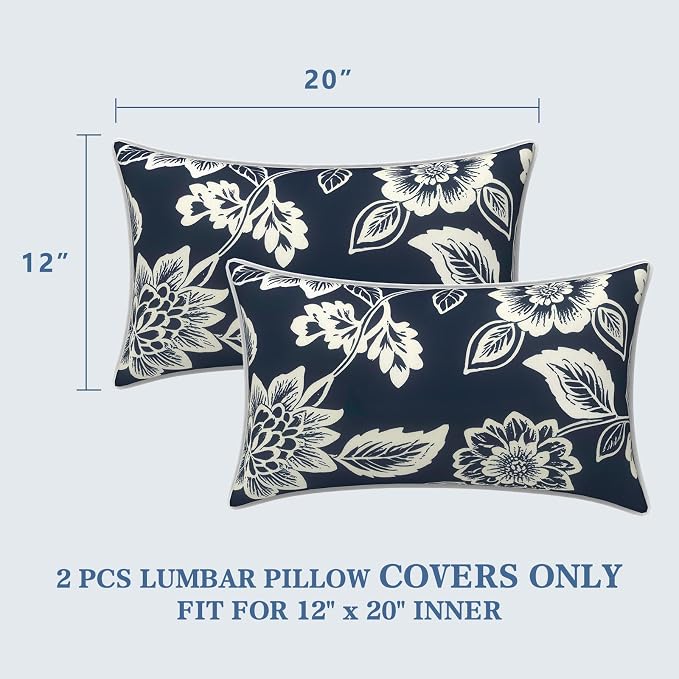 LVTXIII 2 Pack Outdoor Lumbar Pillow Covers 12x20 Inch with Piping, Water-Repellent Back Cushion Covers ONLY for Patio Furniture, Sofa, Garden Bench, Elegant Vines Navy