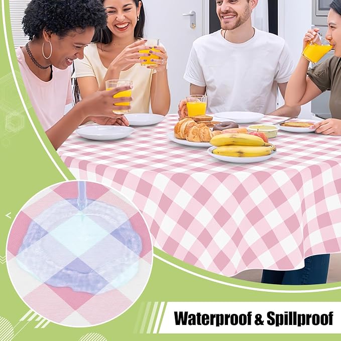 Smiry Picnic Table Cloth, Vinyl Tablecloths with Flannel Backing, 60" Round | Waterproof Picnic Table Cloth, Wipeable Buffalo Plaid Table Cover for Indoor and Outdoor (Pink & White)