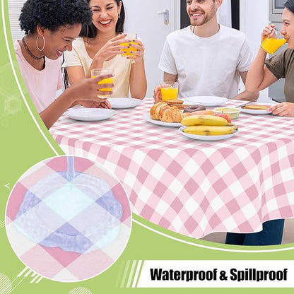 Smiry Picnic Table Cloth, Vinyl Tablecloths with Flannel Backing, 60" Round | Waterproof Picnic Table Cloth, Wipeable Buffalo Plaid Table Cover for Indoor and Outdoor (Pink & White)