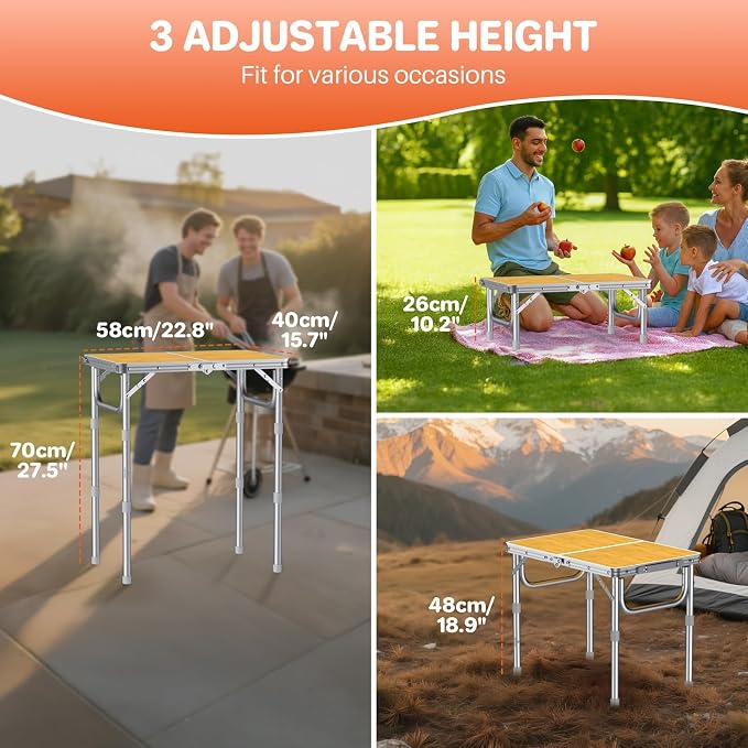 FUNYKICH 2ft Folding Camping Table 22.8''x15.7''x27.5'',3 Height Adjustable | Lightweight Aluminum Outdoor Small Tables with Carry Handle for Car Camping, Backpacking, Picnic, BBQ, Yellow