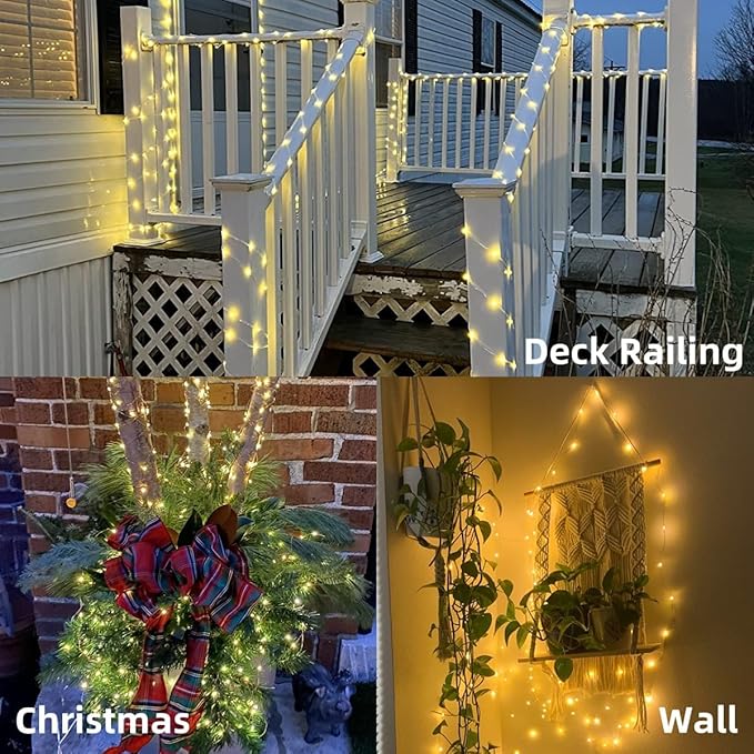 YEGUO 4 Pack Warm White Solar Fairy Lights, Each 33ft 100 LED Christmas Lights Outdoor Waterproof, 8 Modes Sliver Wire Solar String Lights