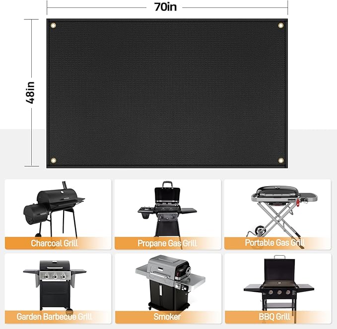 Large Grill Mat for Protecting Deck and Patio, Grill Mats for Outdoor Grill Compatible with Blackstone 28 & 36in Griddle, Charcoal Grills, and Weber Grills, 70x48x0.02in, Black