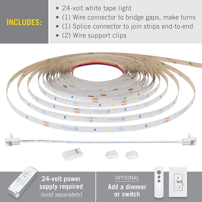 Armacost Lighting RibbonFlex Pro 24V White LED Strip Lights 30 LED/m, 2700K, 32.8 ft 134250