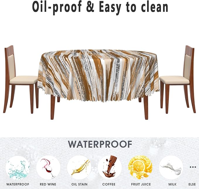 Abstract Striped Round Tablecloth 60 Inch Brown and White Old Texture Grunge Stripes Vintage Mosaic Dust-Proof Circle Table Cover Protector for Home Kitchen Restaurant Picnic Camping BBQ