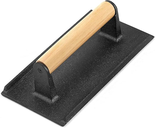 HaSteeL Bacon Hamburger Press for Griddle Flat Top Teppanyaki, Pre Seasoned 8 x 4In Cast Iron Grill Weight with Wooden Handle, Perfect for BBQ Steaks Pannis Sandwiches Meats - 1Pk