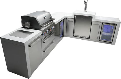 Mont Alpi 120"W x 98"D Deluxe L-shaped Stainless Steel Outdoor Kitchen Island + Refrigerator Faucet & Sink + 3-tap Kegerator Beer Dispenser + 32"W 4-Burner BBQ Grill + Side Burner + Rotisserie + Cover