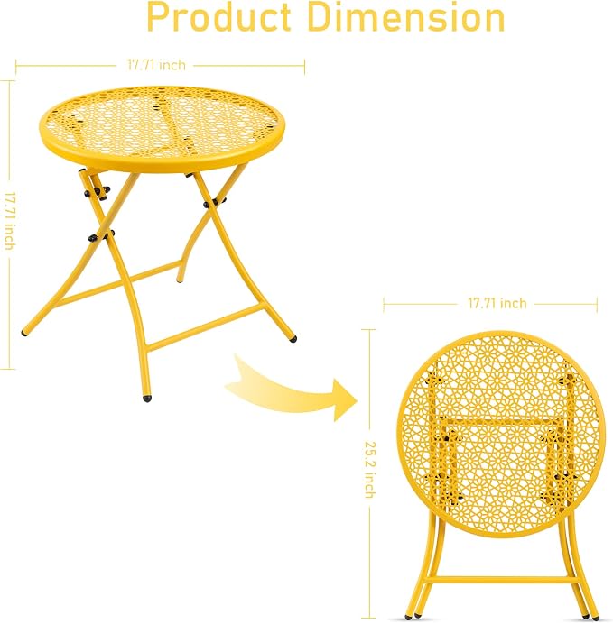 TeoKJ Folding Outdoor Side Table, Small Patio Table with Flower Cutouts | Metal Round Anti Rust Patio Desk, No Assembly Small Nightstand for Yard, Balcony, Lawn, Pool, Lightweight, Yellow