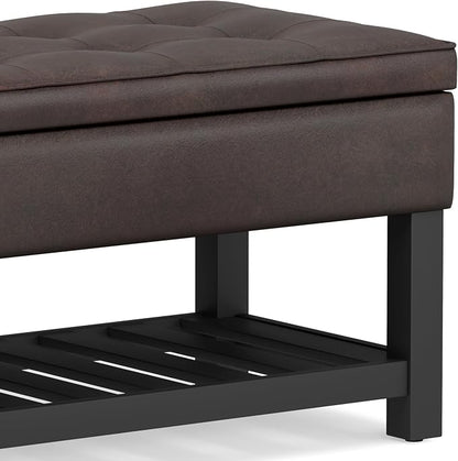 SIMPLIHOME Cosmopolitan Storage Ottoman Bench - 44 inch Wide Upholstered Vegan Leather Rectangle Storage Ottoman in Distressed Brown, Transitional Bench for Bedroom with Tufted Lift-Top and Open Shelf