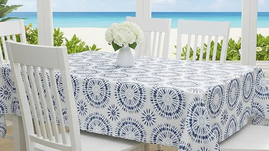 Newbridge Blue Tie Dye Vinyl Tablecloth, 60 x 120 Inch Rectangle – Flannel Backed Blue and White Table Cover for Dining, Picnics, BBQs, and Parties