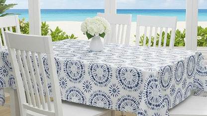 Newbridge Blue Tie Dye Vinyl Tablecloth, 60 x 102 Inch Rectangle – Flannel Backed Blue and White Table Cover for Dining, Picnics, BBQs, and Parties