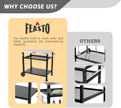 Feasto 3-Shelf Pizza Oven Table with 33.5" x 21.7" Stainless Tabletop, Outdoor Grill Cart with Tank Hook for Pizza Ovens & Griddles, Heavy-Duty Prep Station for Patio BBQ and Deck Parties, Black
