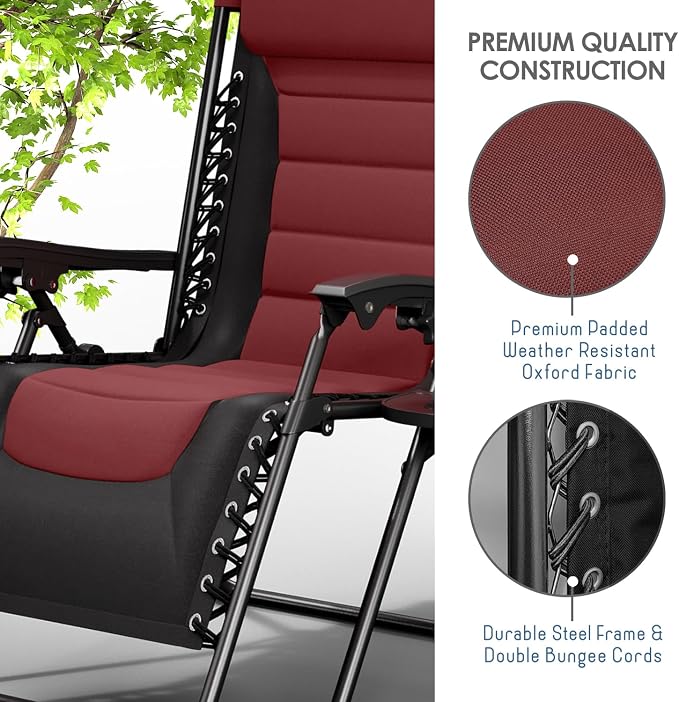 Nestl Padded Oversized Zero Gravity Chair, XL Outdoor Lounge Chair Set of 2 | Adjustable Headrest, Cup Holder & Side Tray, Support 330 LBS, Reclining & Foldable, For Patio Beach & Camping, Black/Burgundy