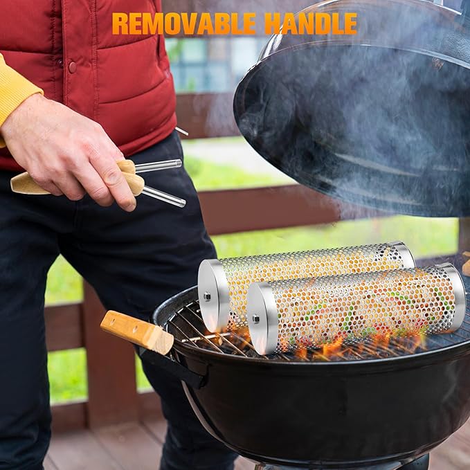 Rolling Grill Baskets,【2025Upgraded】 2Pcs Nesting Grilling Net with Removable Wooden Handle,BBQ Accessories Tools for Vegetables Shrimp,Outdoor Camping Barbecue Rack,Gifts for Men Dad (Stainless Steel,Round)