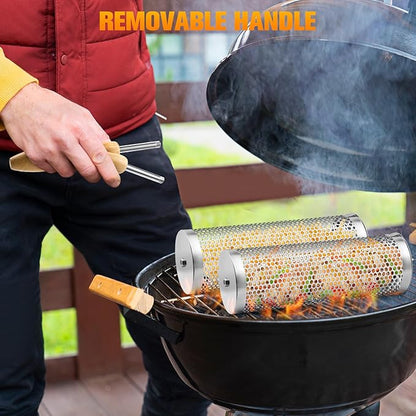 Rolling Grill Baskets,【2025Upgraded】 2Pcs Nesting Grilling Net with Removable Wooden Handle,BBQ Accessories Tools for Vegetables Shrimp,Outdoor Camping Barbecue Rack,Gifts for Men Dad (Stainless Steel,Round)