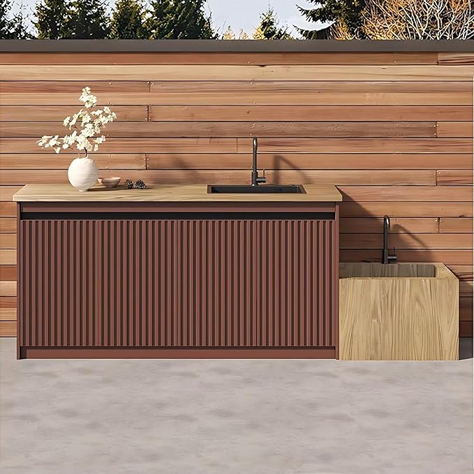 87IN Outdoor Kitchen Cabinet - Kitchen Cabinet with Countertop Includes Stripe Design & Mop Pool,Outdoor Table with Aluminum Alloy,Stainless Steel Sink and Slate Countertop,Hidden Handle