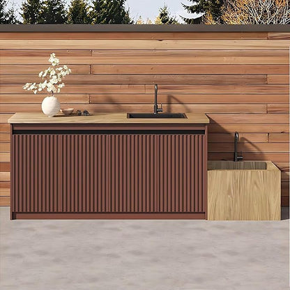 87IN Outdoor Kitchen Cabinet - Kitchen Cabinet with Countertop Includes Stripe Design & Mop Pool,Outdoor Table with Aluminum Alloy,Stainless Steel Sink and Slate Countertop,Hidden Handle