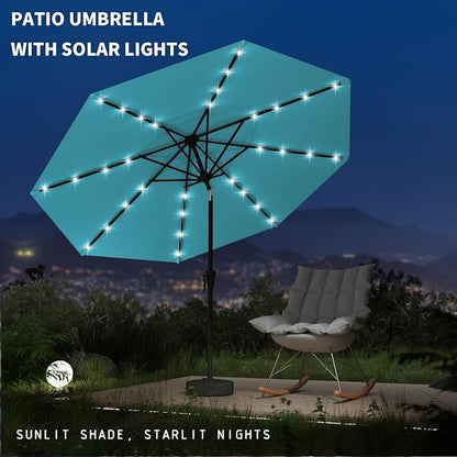 9FT Patio Umbrella with Solar Lights,Outdoor Market Umbrella with Tilt and Crank, LED Lighted Table Umbrella for Garden,Deck,Backyard,Pool,Beach (Peacock Blue)