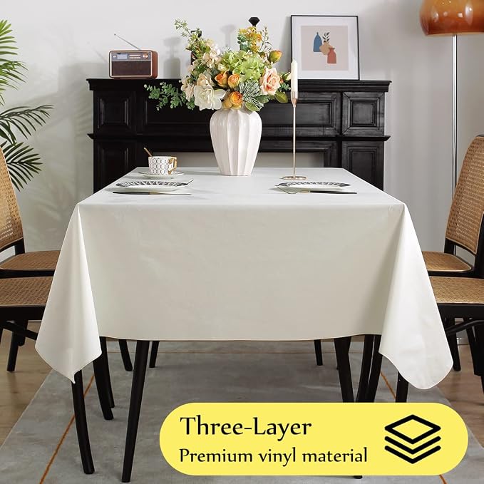 SASTYBALE Off White Vinyl Tablecloth with Flannel Backing, 60 x 102 Inch | Waterproof PVC Surface, Wipeable Rectangular Table Cover for Kitchen, Dining, Brunches, Weddings and Gatherings