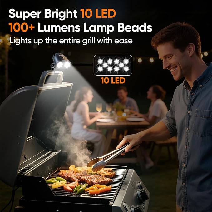 Grill Light BBQ Accessories: Upgraded 10 LEDs Bright Outdoor Grill Light - Flexible Rotation Adjustable C-clamp Smoker Grilling Accessories - Grilling Gifts for Men Dad Husband