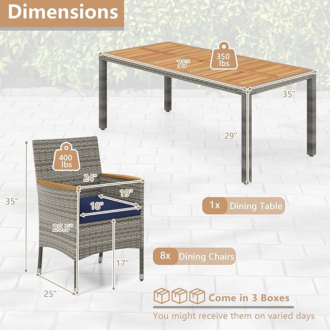 COSTWAY 9-Piece Patio Dining Set for 8, Outdoor Rattan Wicker Table and Chairs Furniture Set with Umbrella Hole, Acacia Wood Tabletop for Backyard, Balcony, Poolside, Grey & Navy