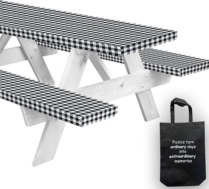 LINPRO 6ft Picnic Table Cover with Bench Covers Vinyl Fitted Picnic Table Covers with Elastic Camping Essentials and picnic tablecloth and RV Accessories with bag