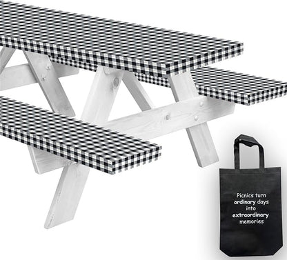 LINPRO 6ft Picnic Table Cover with Bench Covers Vinyl Fitted Picnic Table Covers with Elastic Camping Essentials and picnic tablecloth and RV Accessories with bag