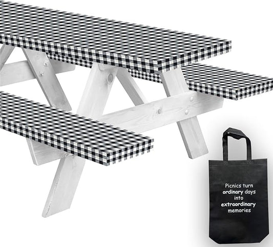 LINPRO 8ft Picnic Table Cover with Bench Covers Vinyl Fitted Picnic Table Covers with Elastic Camping Essentials and Picnic Tablecloth and RV Accessories with Bag