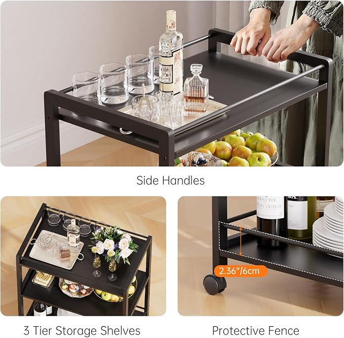 HITNET Bar Cart Black, Serving Cart for Home, 3 Tier Drinks Cart with Wheels, Rolling Beverage Cart for Kitchen Dining Living Room