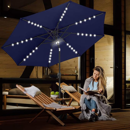 FLAME&SHADE Solar Patio Umbrella with a Centre Light, 9 FT Navy Blue | 40 LED Lights, UV Protection, Waterproof, Porch Deck Outdoor Umbrella for Pool, Backyard, Garden, Provides Evening Lighting
