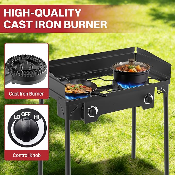 2 Burner Propane Camp Stove | 150,000 BTU | High Pressure Gas Burners | CSA Certified | Windscreen | Waterproof Cover | Detachable Legs | Ideal for Camping Tailgating Backyard Outdoor Cooking