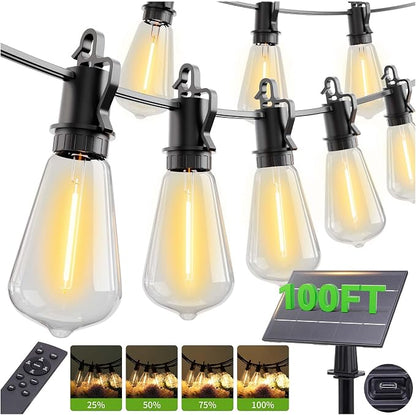 100ft Solar Lights Outdoor String light patio 30+2bulbs Shatterproof, solar String Lights Outdoor Waterproof with Remote ST38 Vintage Edison Bulbs,Waterproof Hanging Lights for Outside Backyard