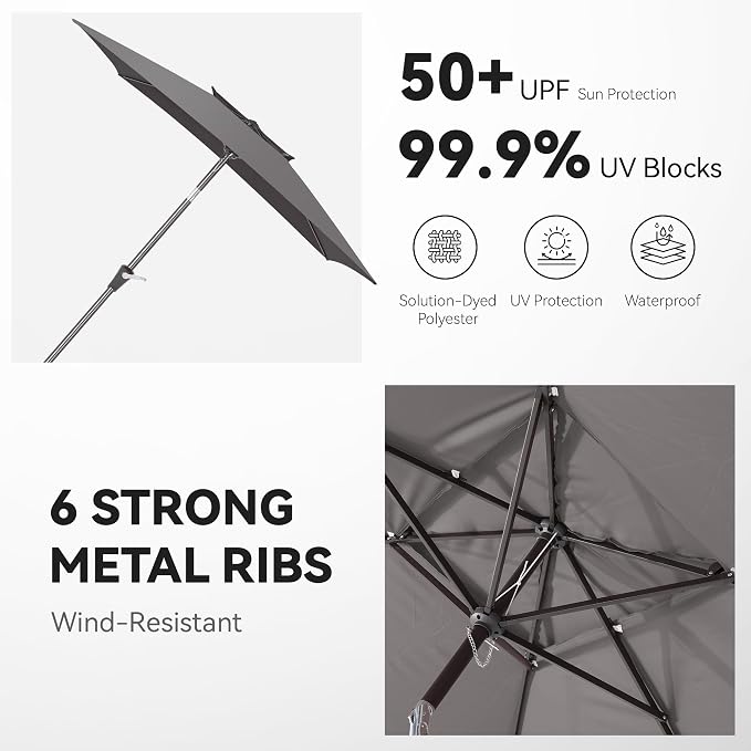 6.6 x 10 ft Rectangular Patio Umbrella, Outdoor Market Table Umbrella with Push Button Tilt and Crank, Double-Tier Vent, 6 Ribs, Rectangle Patio Umbrella for Backyard, Deck, Pool, Fits 4–6 Chairs and Tables (Grey)
