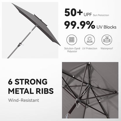 6.6 x 10 ft Rectangular Patio Umbrella, Outdoor Market Table Umbrella with Push Button Tilt and Crank, Double-Tier Vent, 6 Ribs, Rectangle Patio Umbrella for Backyard, Deck, Pool, Fits 4–6 Chairs and Tables (Grey)