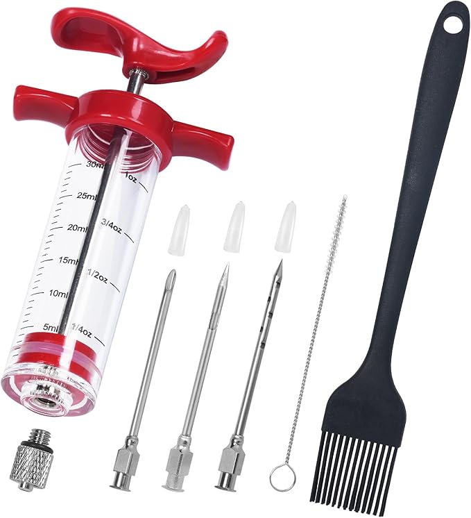Meat Injector Syringe, Premium Meat Injector Kit - 3 Stainless Steel Meat Needles, Plastic Turkey Injector with Pastry Brush, 1oz Food Injector for Meat with Cleaning Brush, Easy to Use & Clean