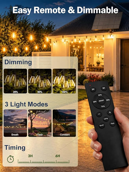 200FT Solar String Lights Outdoor, Dimmable Patio Lights Solar Powered with Remote & USB Port 72+2 LED Shatterproof Bulbs 3 Light Modes, Waterproof Solar Light for Camping Backyard Garden