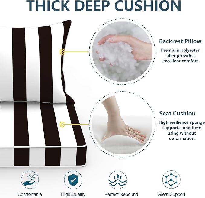 DYTXIII Outdoor Deep Seat Cushion Set, Water Repellent 24"x24" Patio Thick Cushions Replacement with Seat & Back Pillow for Patio Sofa, Wicker Chair, Couch - Cabana Black