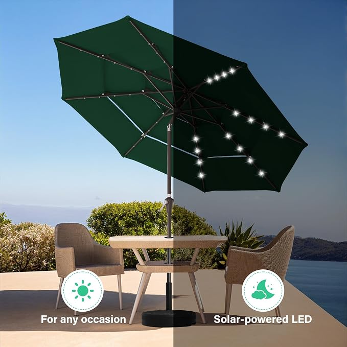 JEAREY 9 ft 3-Tier Outdoor LED Lighted Patio Umbrella w/Crank, Dark Green | Solar Market Table Umbrella with 8 Sturdy Ribs, UV Protection Waterproof Sunproof for Garden, Deck and Backyard
