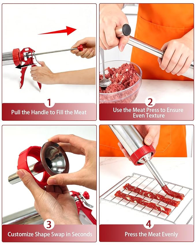 2LB Jerky Gun Kits, Sausage Stuffer, Stainless Steel Beef Meat Maker, Beef Stick Gun, Jerky Shooter Cannon with 5 Versatile Nozzles, 5 Cleaning Brushes and 1 Meat Pusher, Gifts for Women Men