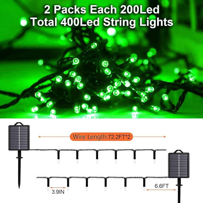 Solar Christmas String Lights, Green 200Led, Outdoor Waterproof | 2 Pack Total 400Led 144Ft 8 Mode, IP44 Outside Halloween Fairy Lights for Tree, Garden, Patio, Lawn, Party, Yard Decorations