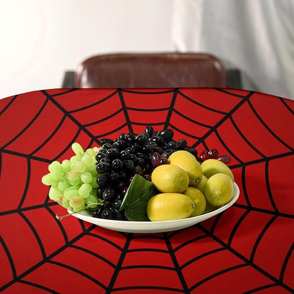 Spider Web Hero Tablecloth, Black Spiderweb Red Cobweb Circle Water Resistant Wipeable Table Cover for Picnic Party Holiday Kitchen Dinner Table 55"x55"