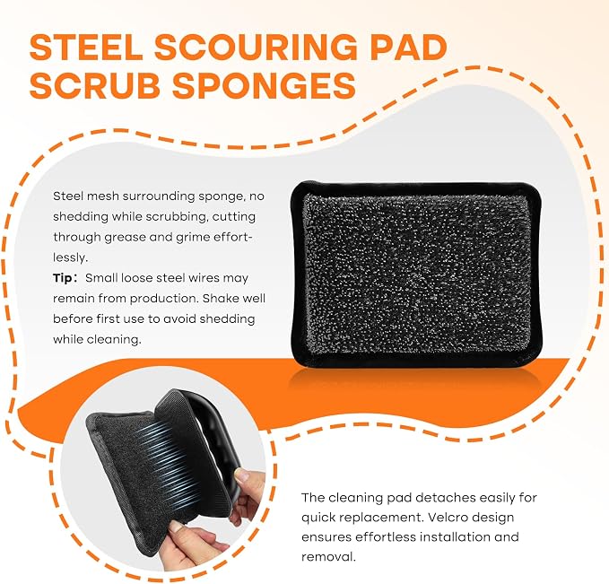 Griddle Cleaning Kit for Blackstone Rust Removal Restoration Pad | 3 Griddle Cleaning Pads & 1 Ergonomic Handle For Flat Top Grill, Brush with Flexible Steel Wire Layer Removes Stubborn Grease