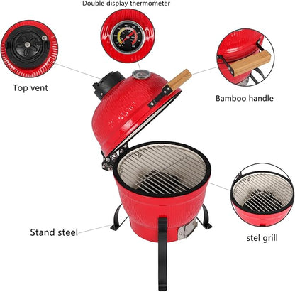 Portable Ceramic Grill 13" Round Charcoal Barbecue Grills with Thermometer, Compact BBQ Grill for Garden Party Picnic Hiking Travel Backyard Cooking, Easy to Assemble, Asadores de Carbon, Red