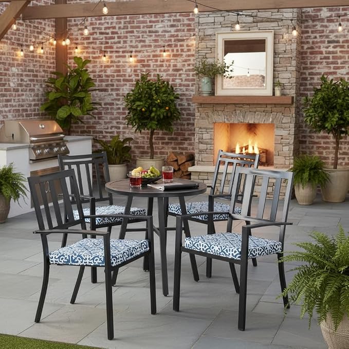 Outdoor 18 inch Square Patio Dining Chair Pads – Comfortable Fiber-Filled Seat Cushions with Ties, Reversible Polyester Fabric - Indigo Blue Lattice, Set of 4