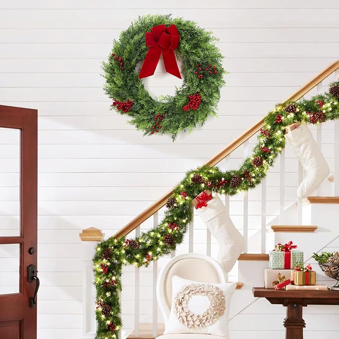 GarveeHome Christmas Wreaths for Front Door, 24 in Large Outdoor Christmas Wreath with Berries Velvet Bow, Winter Artificial Cypress Wreath Xmas Wreath for Indoor Window Wall Fireplace Holiday Decor