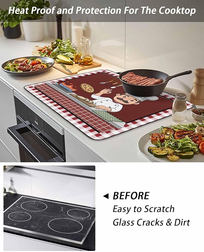 Stove Top Covers for Electric Stove 24x21 Inches, Ok Gourmet Cooking HeatResistant Glass Cooktop Protector, Funny Chef Kitchen Knife Fork Red Plaid Ceramic Stovetop Countertop Covers Mat, Oven Cover