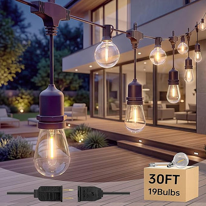 30FT Outdoor String Lights for Patio with 18+1 Shatterproof LED Bulbs | Plug-in Hanging Lights for Outside Connectable for Balcony, Camping, Porch Pool and Backyard