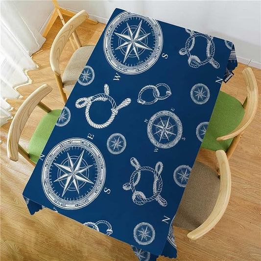Swono Compass Table Covers 52x70 Inch Vintage World Map Wind Rose Rope Knot Nautical Compass Tablecloth Kitchen Dinning Tabletop Decoration, Blue Table Cloth for Outdoor and Indoor Use