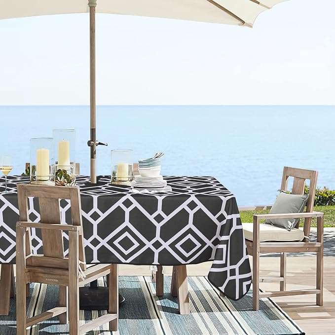 LUSHVIDA Moroccan Outdoor Tablecloth with Umbrella Hole and Zipper, 60 x 120 Inch Black, Rectangle Waterproof Wrinkle Free Table Cloth Decorative Fabric Washable Table Cover for Patio, Party, Picnic