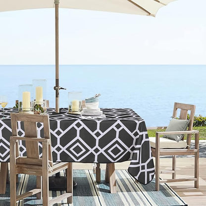 LUSHVIDA Moroccan Outdoor Tablecloth with Umbrella Hole and Zipper, 60 x 120 Inch Black, Rectangle Waterproof Wrinkle Free Table Cloth Decorative Fabric Washable Table Cover for Patio, Party, Picnic