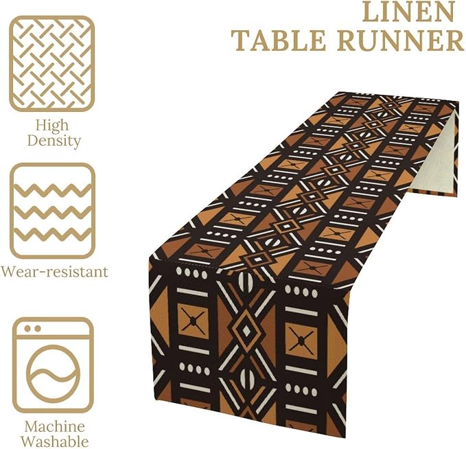 Vintage African Geometric Tribal Table Runner Colorful Abstract Africa Traditional Mud Pattern Seasonal Summer Holiday Dinner Runner for Farmhouse Dinner Table Party Decor 13x60in